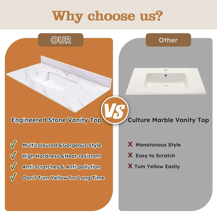 Bianco Carrara Venato 43 Inch Marble Vanity Top with 1 Pre-drilled Faucet Hole, White Sintered Stone Bathroom Vanity Top with Undermount Rectangular Sink and 4' Backsplash Default -DTYStore