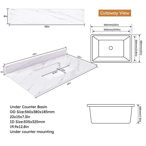 Bianco Carrara Venato 43 Inch Marble Vanity Top with 1 Pre-drilled Faucet Hole, White Sintered Stone Bathroom Vanity Top with Undermount Rectangular Sink and 4' Backsplash Default -DTYStore