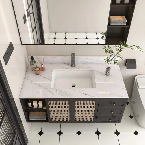 Bianco Carrara Venato 43 Inch Marble Vanity Top with 1 Pre-drilled Faucet Hole, White Sintered Stone Bathroom Vanity Top with Undermount Rectangular Sink and 4' Backsplash Default -DTYStore