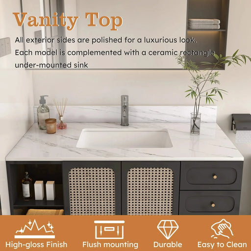 Bianco Carrara Venato 43 Inch Marble Vanity Top with 1 Pre-drilled Faucet Hole, White Sintered Stone Bathroom Vanity Top with Undermount Rectangular Sink and 4' Backsplash Default -DTYStore