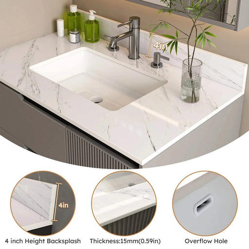 Bianco Carrara Venato Marble Vanity Top with Undermount Sink and Backsplash, 37 Inch, White Sintered Stone Default -DTYStore