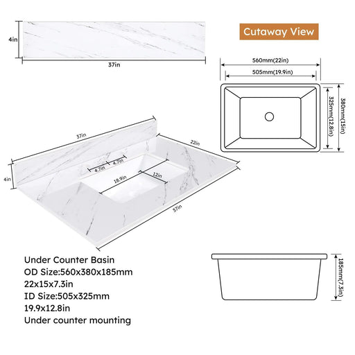 Bianco Carrara Venato Marble Vanity Top with Undermount Sink and Backsplash, 37 Inch, White Sintered Stone Default -DTYStore