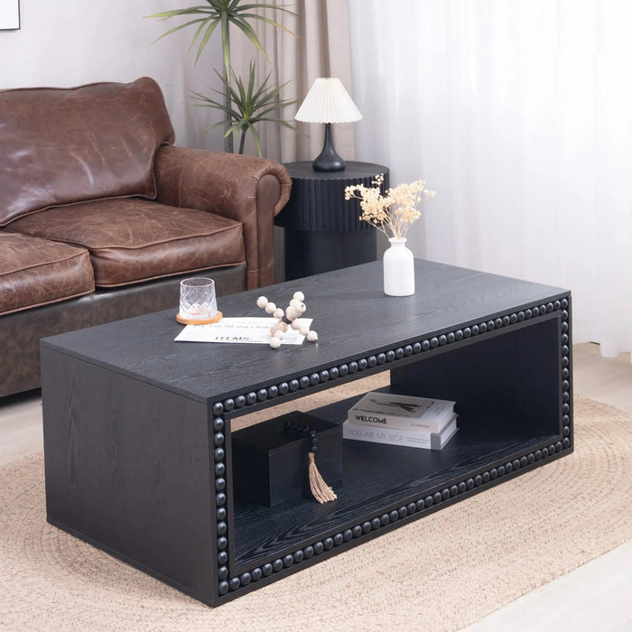 Black Beaded Edge Coffee Table – 47.6' Rectangular Center Table with Open Storage Shelf, Modern Farmhouse Style, Solid Black Finish Default -DTYStore