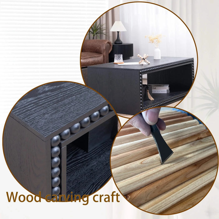 Black Beaded Edge Coffee Table – 47.6' Rectangular Center Table with Open Storage Shelf, Modern Farmhouse Style, Solid Black Finish Default -DTYStore
