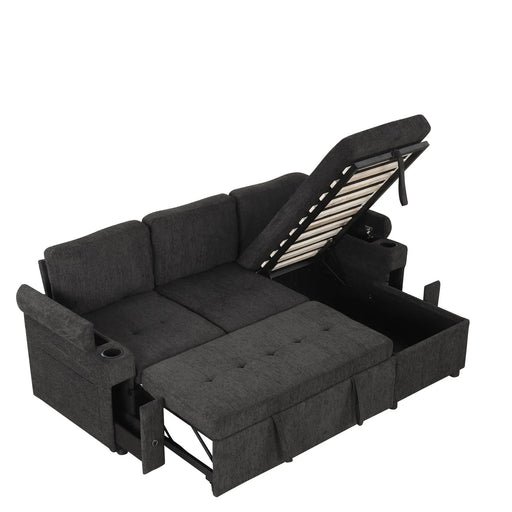 Black Convertible L-shaped Sofa Couch with Storage, Cup Holders, USB Ports, Chenille Fabric, 83.5' Default -DTYStore