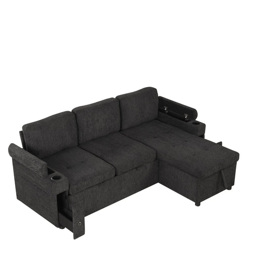 Black Convertible L-shaped Sofa Couch with Storage, Cup Holders, USB Ports, Chenille Fabric, 83.5' Default -DTYStore