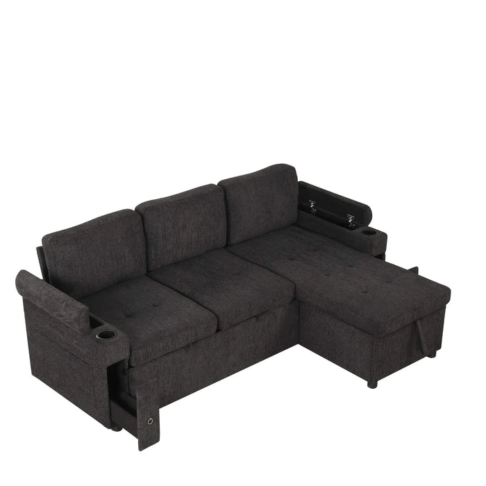 Black Convertible L-shaped Sofa Couch with Storage, Cup Holders, USB Ports, Chenille Fabric, 83.5' Default -DTYStore