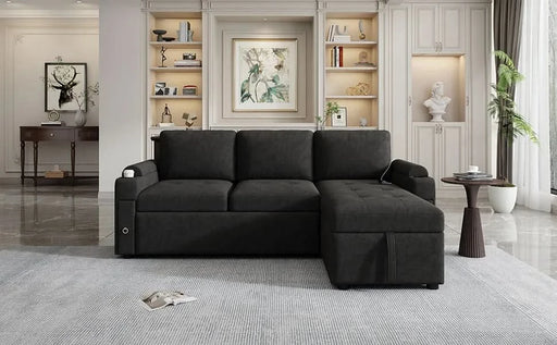 Black Convertible L-shaped Sofa Couch with Storage, Cup Holders, USB Ports, Chenille Fabric, 83.5' Default -DTYStore