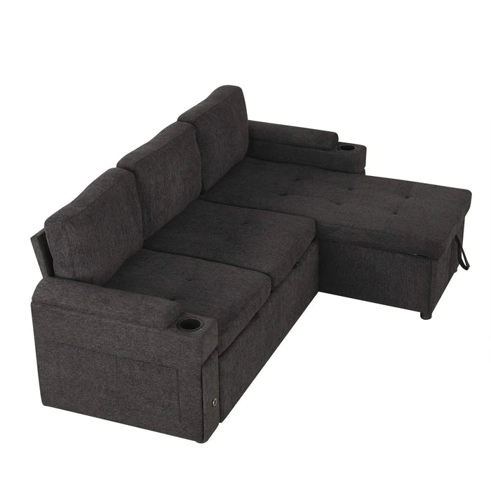 Black Convertible L-shaped Sofa Couch with Storage, Cup Holders, USB Ports, Chenille Fabric, 83.5' Default -DTYStore