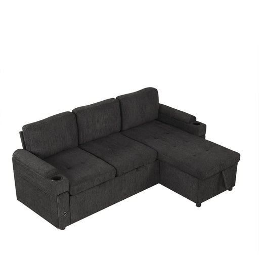 Black Convertible L-shaped Sofa Couch with Storage, Cup Holders, USB Ports, Chenille Fabric, 83.5' Default -DTYStore