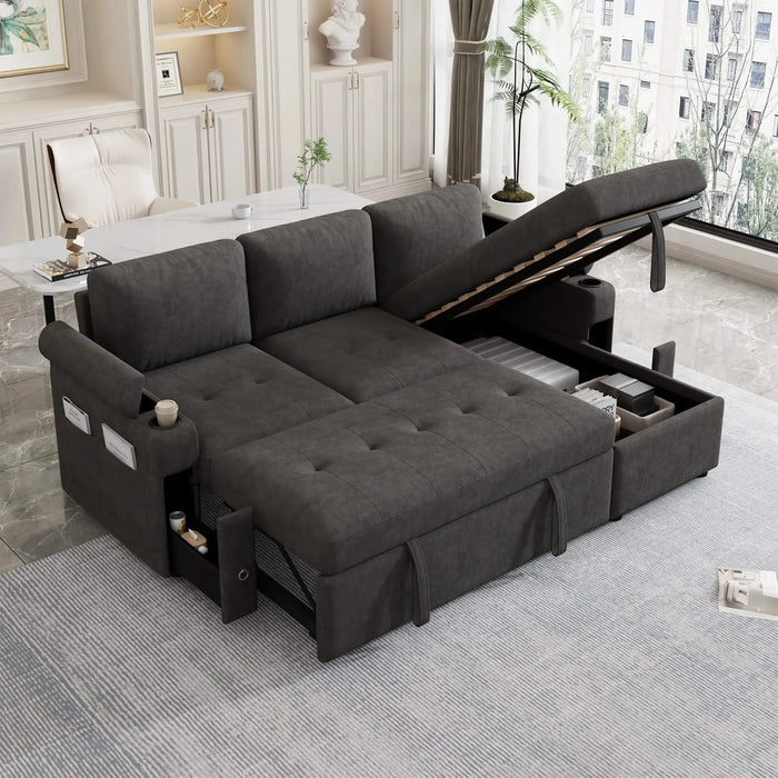 Black Convertible L-shaped Sofa Couch with Storage, Cup Holders, USB Ports, Chenille Fabric, 83.5' Default -DTYStore