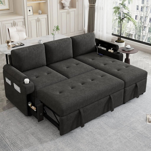 Black Convertible L-shaped Sofa Couch with Storage, Cup Holders, USB Ports, Chenille Fabric, 83.5' Default -DTYStore