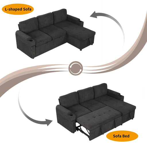 Black Convertible L-shaped Sofa Couch with Storage, Cup Holders, USB Ports, Chenille Fabric, 83.5' Default -DTYStore