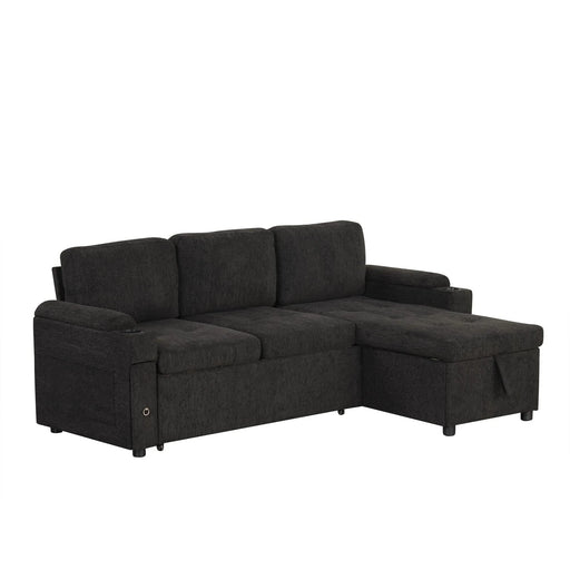 Black Convertible L-shaped Sofa Couch with Storage, Cup Holders, USB Ports, Chenille Fabric, 83.5' Default -DTYStore