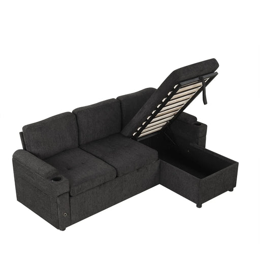 Black Convertible L-shaped Sofa Couch with Storage, Cup Holders, USB Ports, Chenille Fabric, 83.5' Default -DTYStore