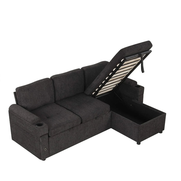 Black Convertible L-shaped Sofa Couch with Storage, Cup Holders, USB Ports, Chenille Fabric, 83.5' Default -DTYStore