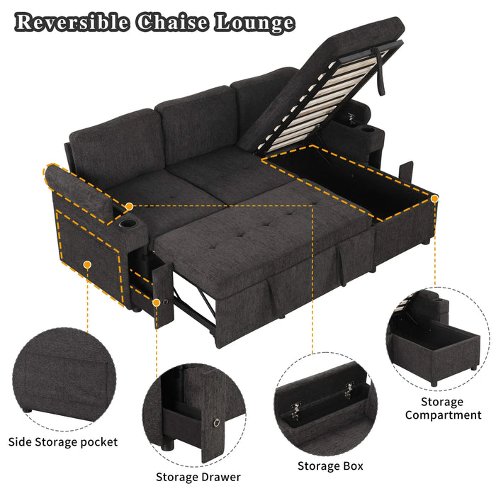 Black Convertible L-shaped Sofa Couch with Storage, Cup Holders, USB Ports, Chenille Fabric, 83.5' Default -DTYStore