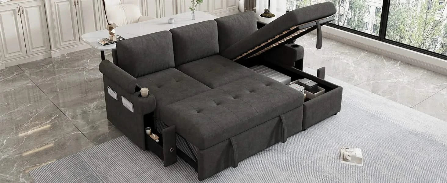 Black Convertible L-shaped Sofa Couch with Storage, Cup Holders, USB Ports, Chenille Fabric, 83.5' Default -DTYStore
