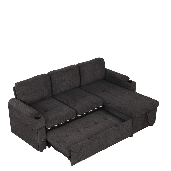 Black Convertible L-shaped Sofa Couch with Storage, Cup Holders, USB Ports, Chenille Fabric, 83.5' Default -DTYStore