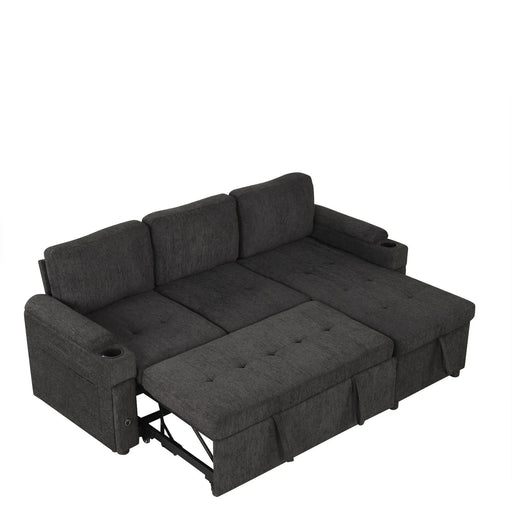 Black Convertible L-shaped Sofa Couch with Storage, Cup Holders, USB Ports, Chenille Fabric, 83.5' Default -DTYStore