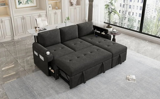 Black Convertible L-shaped Sofa Couch with Storage, Cup Holders, USB Ports, Chenille Fabric, 83.5' Default -DTYStore