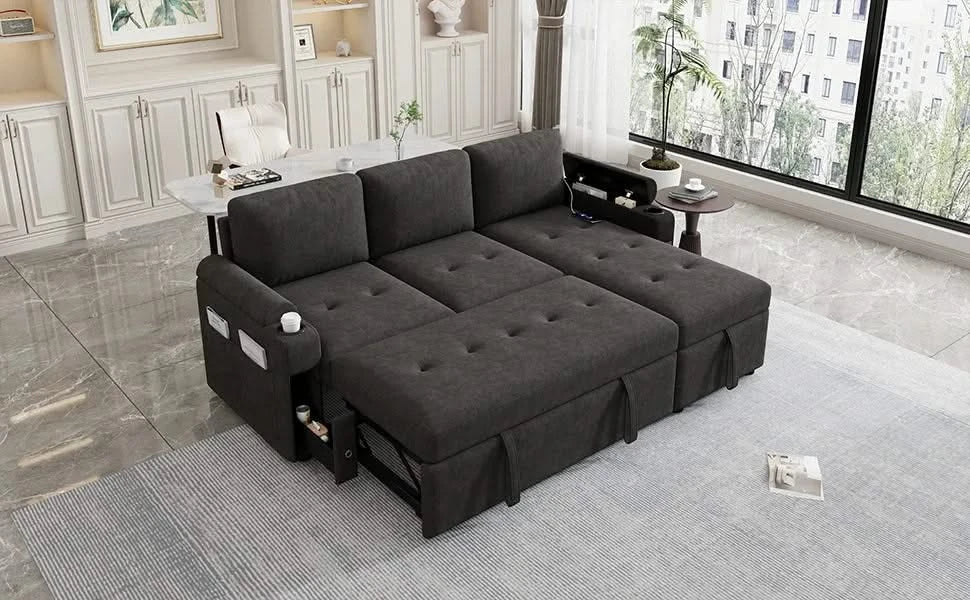 Black Convertible L-shaped Sofa Couch with Storage, Cup Holders, USB Ports, Chenille Fabric, 83.5' Default -DTYStore