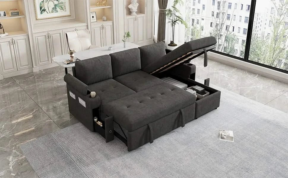 Black Convertible L-shaped Sofa Couch with Storage, Cup Holders, USB Ports, Chenille Fabric, 83.5' Default -DTYStore