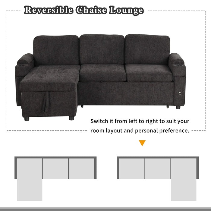 Black Convertible L-shaped Sofa Couch with Storage, Cup Holders, USB Ports, Chenille Fabric, 83.5' Default -DTYStore