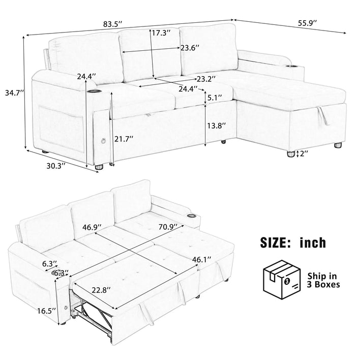 Black Convertible L-shaped Sofa Couch with Storage, Cup Holders, USB Ports, Chenille Fabric, 83.5' Default -DTYStore