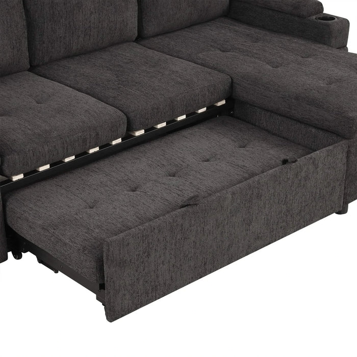Black Convertible L-shaped Sofa Couch with Storage, Cup Holders, USB Ports, Chenille Fabric, 83.5' Default -DTYStore
