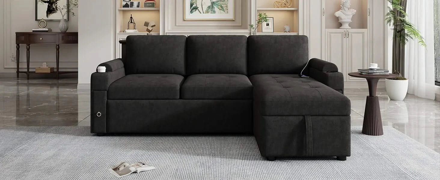 Black Convertible L-shaped Sofa Couch with Storage, Cup Holders, USB Ports, Chenille Fabric, 83.5' Default -DTYStore