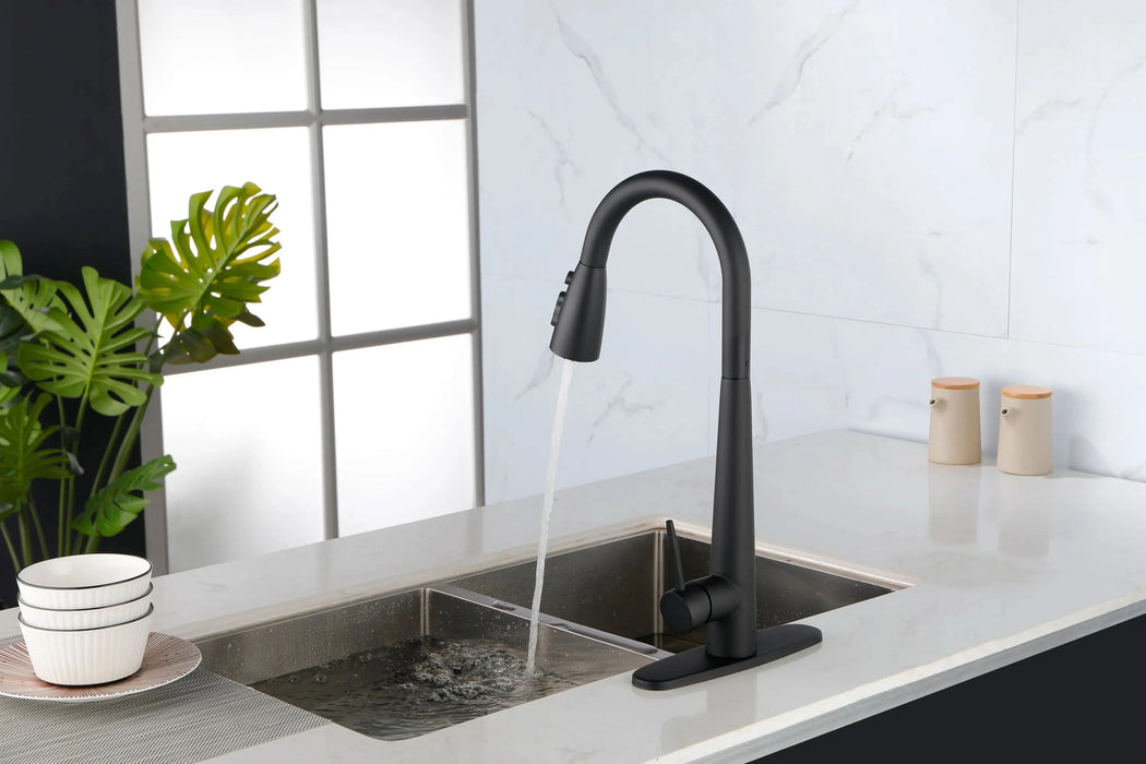 Black Kitchen Faucets with Pull Down Sprayer, Kitchen Sink Faucet with Pull Out Sprayer, Fingerprint Resistant, Single Hole Deck Mount, Single Handle Copper Kitchen Faucet, Matte Black - DTY Store