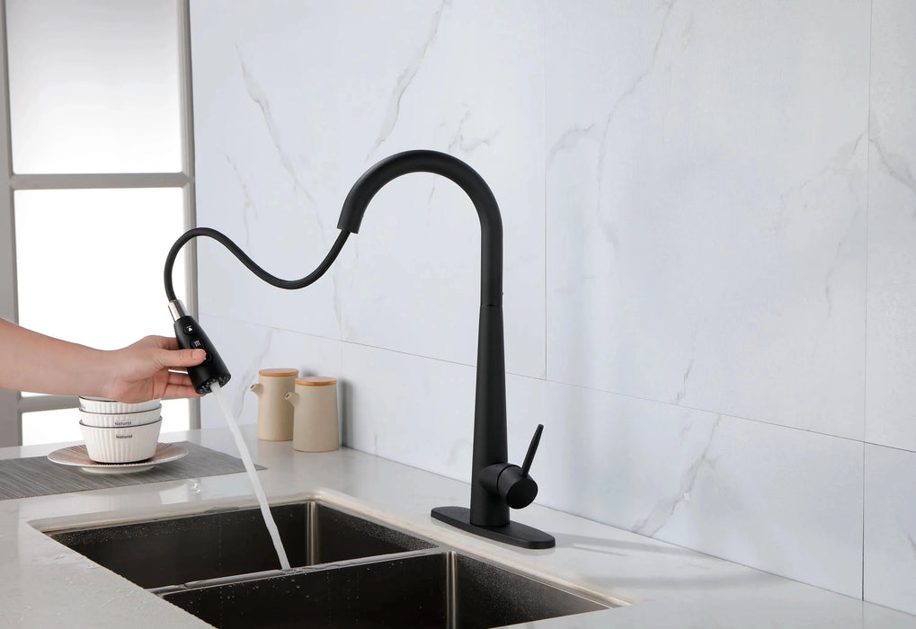 Black Kitchen Faucets with Pull Down Sprayer, Kitchen Sink Faucet with Pull Out Sprayer, Fingerprint Resistant, Single Hole Deck Mount, Single Handle Copper Kitchen Faucet, Matte Black - DTY Store