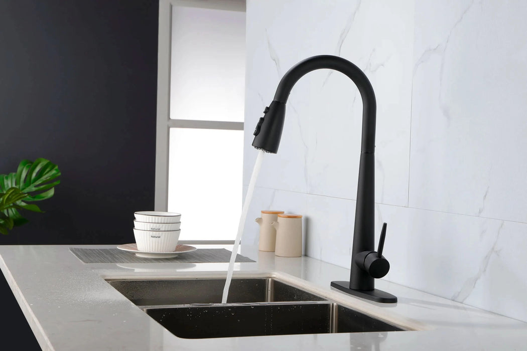 Black Kitchen Faucets with Pull Down Sprayer, Kitchen Sink Faucet with Pull Out Sprayer, Fingerprint Resistant, Single Hole Deck Mount, Single Handle Copper Kitchen Faucet, Matte Black- DTY Store