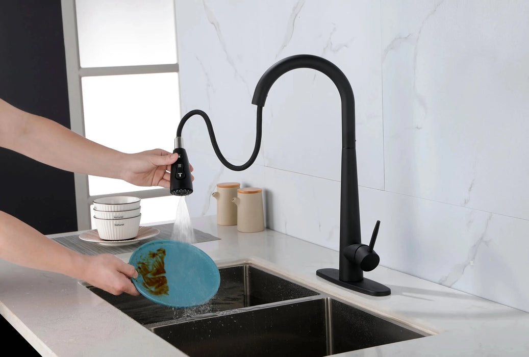 Black Kitchen Faucets with Pull Down Sprayer, Kitchen Sink Faucet with Pull Out Sprayer, Fingerprint Resistant, Single Hole Deck Mount, Single Handle Copper Kitchen Faucet, Matte Black - DTY Store