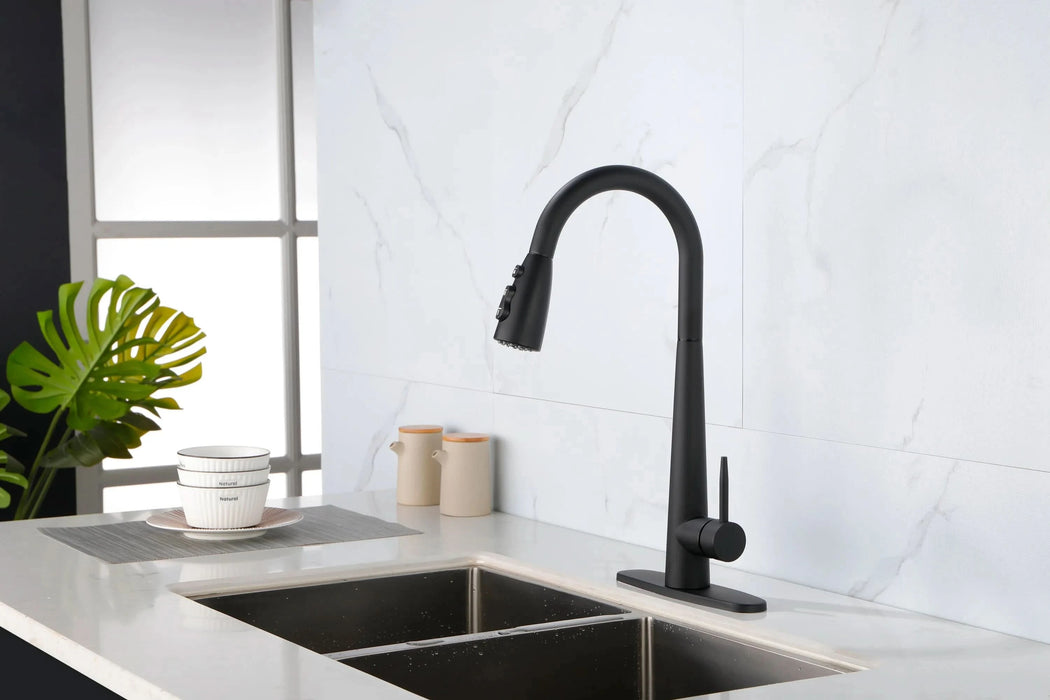 Black Kitchen Faucets with Pull Down Sprayer, Kitchen Sink Faucet with Pull Out Sprayer, Fingerprint Resistant, Single Hole Deck Mount, Single Handle Copper Kitchen Faucet, Matte Black - DTY Store