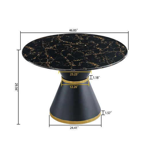 Black Marble Printed MDF Round Dining Table, Black Columnar Base with Gold Annulus(Not Including Chairs) Default -DTYStore