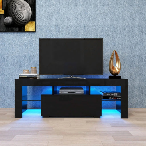 Black TV Stand with LED RGB Lights,Flat Screen TV Cabinet, Gaming Consoles - in Lounge Room, Living Room and Bedroom(Black) - DTY Store