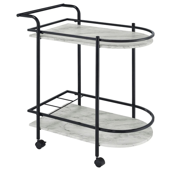 Black and Faux White Marble Serving Cart with Wine Rack Default -DTYStore