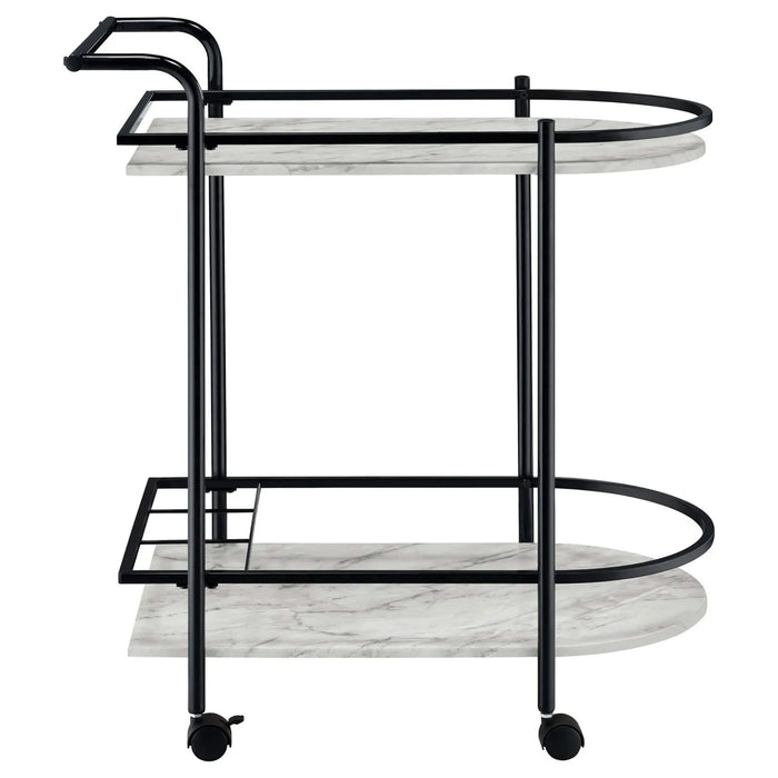 Black and Faux White Marble Serving Cart with Wine Rack Default -DTYStore