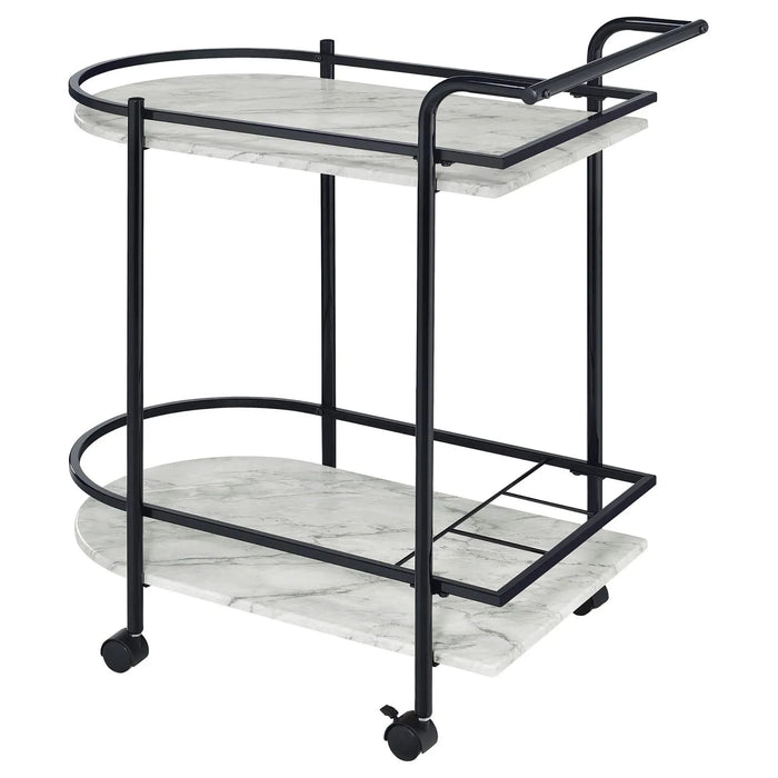 Black and Faux White Marble Serving Cart with Wine Rack Default -DTYStore