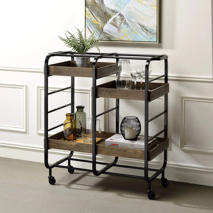 Black and Walnut Serving Cart with 3 Adjustable Trays Default -DTYStore
