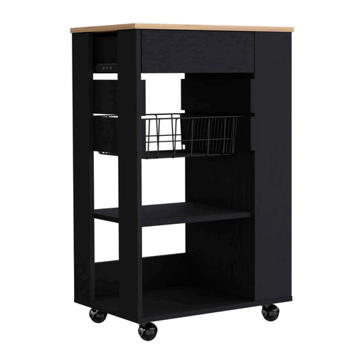 Blosson Kitchen Cart, One Drawer, Two Open Shelves, Four Casters -Black / Light Oak Default -DTYStore