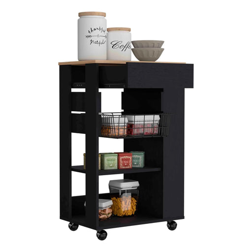 Blosson Kitchen Cart, One Drawer, Two Open Shelves, Four Casters -Black / Light Oak Default -DTYStore