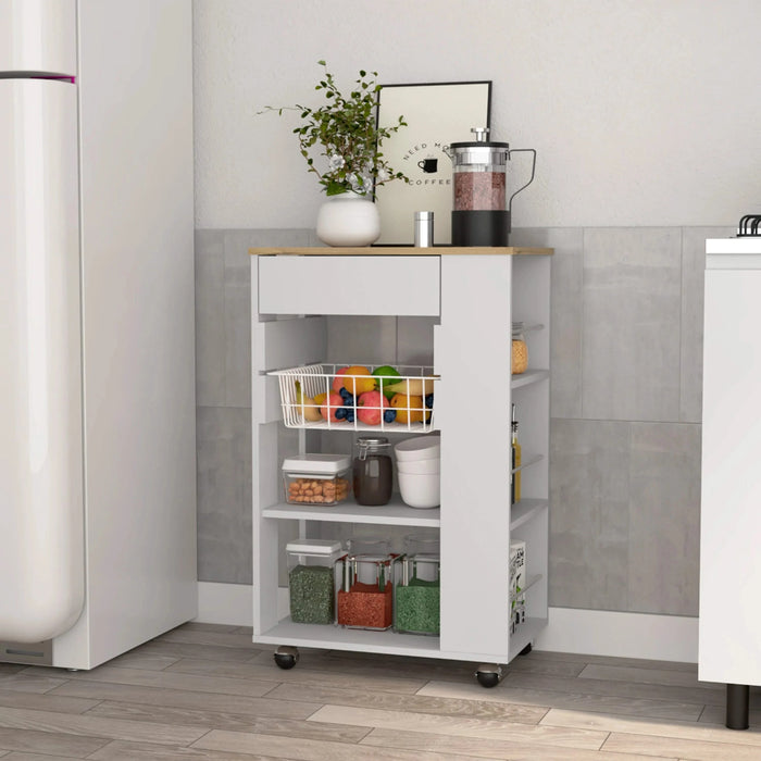 Blosson Kitchen Cart, One Drawer, Two Open Shelves, Four Casters -White / Light Oak Default -DTYStore