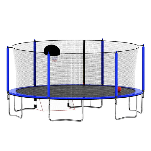 Blue 16FT Trampoline with Basketball Hoop, Pump, Ladder, Inner Safety Enclosure & Soccer Goal Default -DTYStore