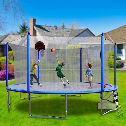 Blue 16FT Trampoline with Basketball Hoop, Pump, Ladder, Inner Safety Enclosure & Soccer Goal Default -DTYStore