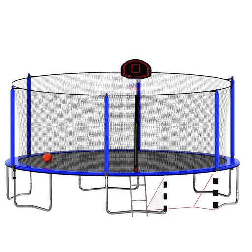 Blue 16FT Trampoline with Basketball Hoop, Pump, Ladder, Inner Safety Enclosure & Soccer Goal Default -DTYStore