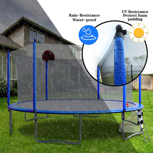 Blue 16FT Trampoline with Basketball Hoop, Pump, Ladder, Inner Safety Enclosure & Soccer Goal Default -DTYStore