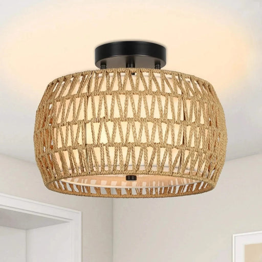 Boho Light Fixtures Ceiling Mount, Rattan Semi Flush Mount Ceiling Light, Farmhouse Light Fixtures with Fabric Shades, Kitchen Close to Ceiling Light Fixtures for Living Room Bedroom Hallway Default -DTYStore